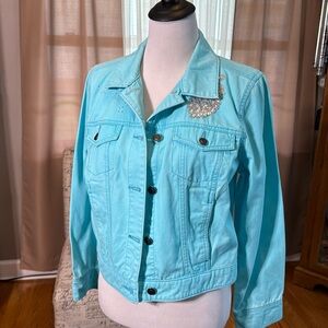 Turquoise denim Jacket size Large, with peacock appliqué and rhinestones